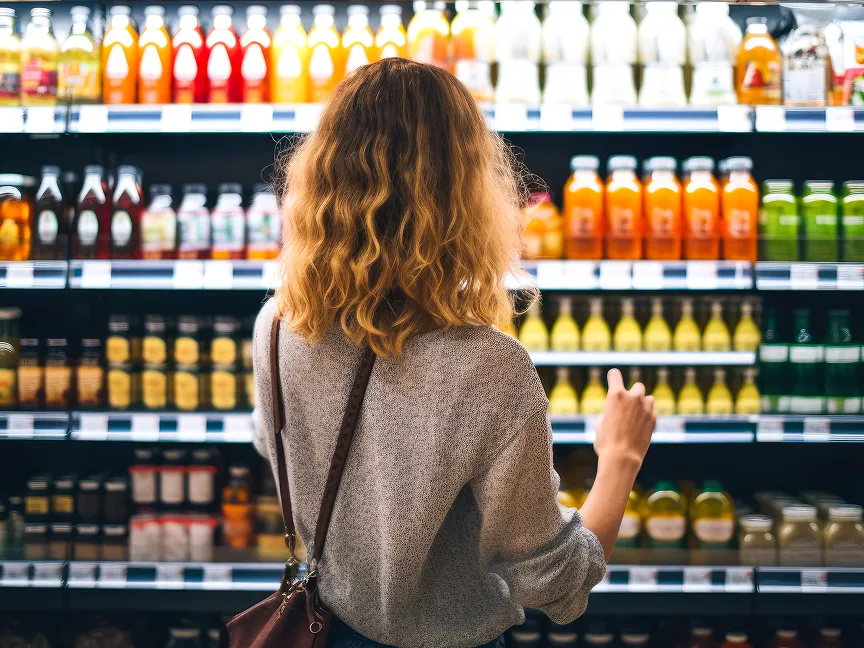 Seen from behind, a woman with curly hair and a crossbody bag stands in front of a refrigerated grocery display stocked with rows of bottled juices and beverages in various colors, reaching toward a bottle on one of the middle shelves.