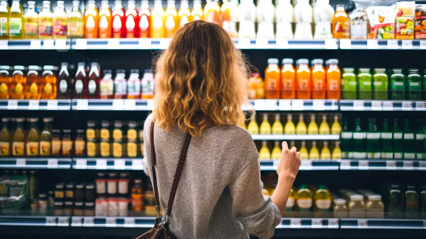 Seen from behind, a woman with curly hair and a crossbody bag stands in front of a refrigerated grocery display stocked with rows of bottled juices and beverages in various colors, reaching toward a bottle on one of the middle shelves.