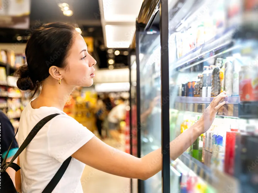 A woman browsing the beverage selection at a grocery store
