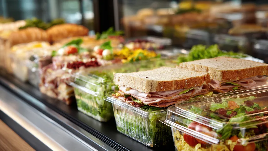 A glass deli counter displays rows of packaged sandwiches on wheat bread with ham, cheese, and lettuce, alongside plastic containers of mixed green salads topped with tomatoes and other vegetables, with bread rolls visible in the blurred background.