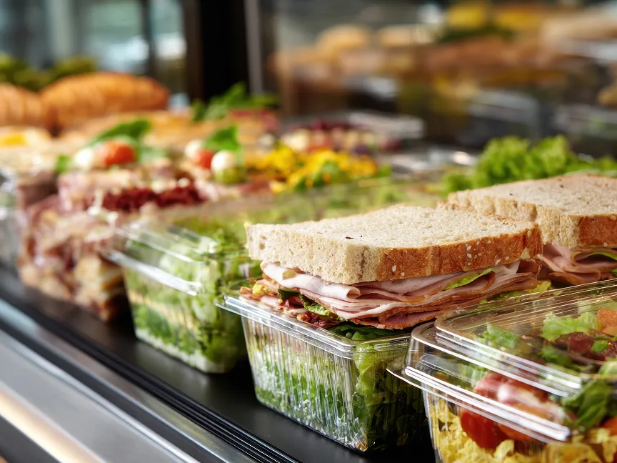 A glass deli counter displays rows of packaged sandwiches on wheat bread with ham, cheese, and lettuce, alongside plastic containers of mixed green salads topped with tomatoes and other vegetables, with bread rolls visible in the blurred background.