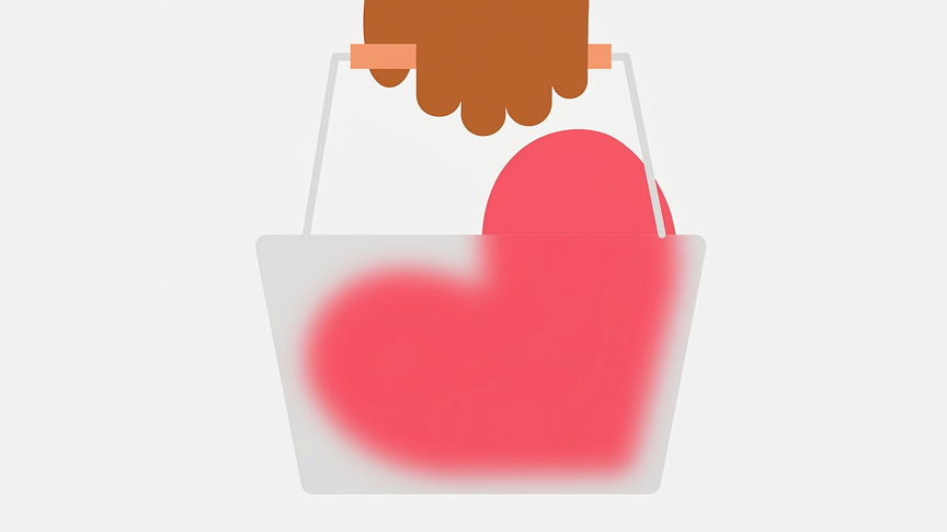 A flat illustration of a brown hand holding the handle of a translucent shopping basket containing a large pink-red heart, set against a light gray background.