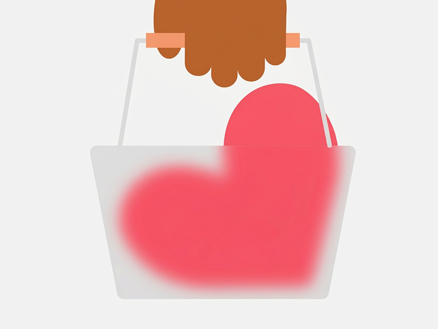 A flat illustration of a brown hand holding the handle of a translucent shopping basket containing a large pink-red heart, set against a light gray background.