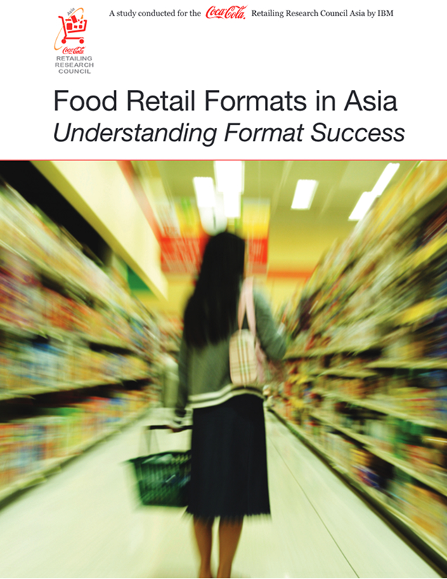 food retail formats in asia report cover with a woman shopping at a store
