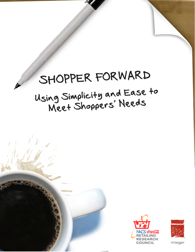 Title page of Shopper Forward: Using Simplicity and Ease to Meet Shoppers’ Needs, with coffee mug and pen