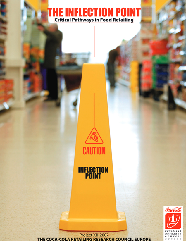 The Inflection Point: Critical Pathways in Food Retailing. Safety cone in grocery store with text "Caution: Inflection Point"