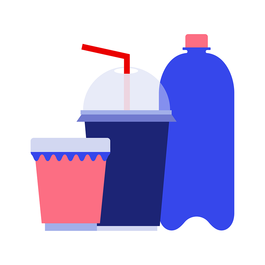 Three beverage containers: a small coffee cup with a lid, a large soft drink cup with a domed lid and red straw, and a tall plastic bottle with a cap.