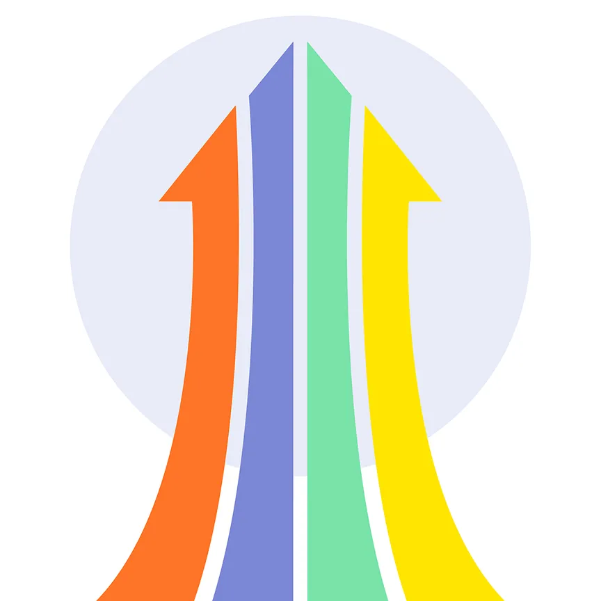 A flat icon of four colorful upward-pointing arrows (orange, purple, green, and yellow) converging at the top, set against a light lavender circular background.
