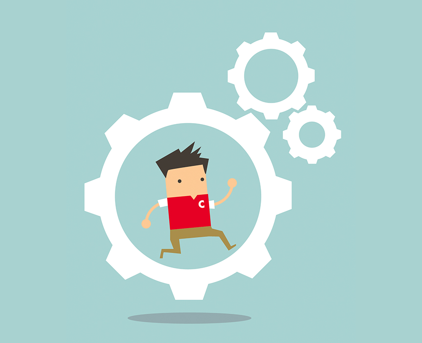 Illustration of a cartoon character wearing a C-store uniform running inside a large white gear. The gear is interlocked with two smaller gears, showing that the employee is providing energy to power the system.