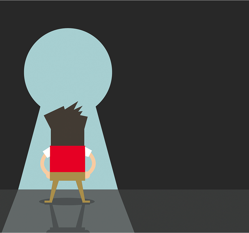 Illustration of a C-store employee surrounded by a dark background, facing outward through a large keyhole-shaped light beam