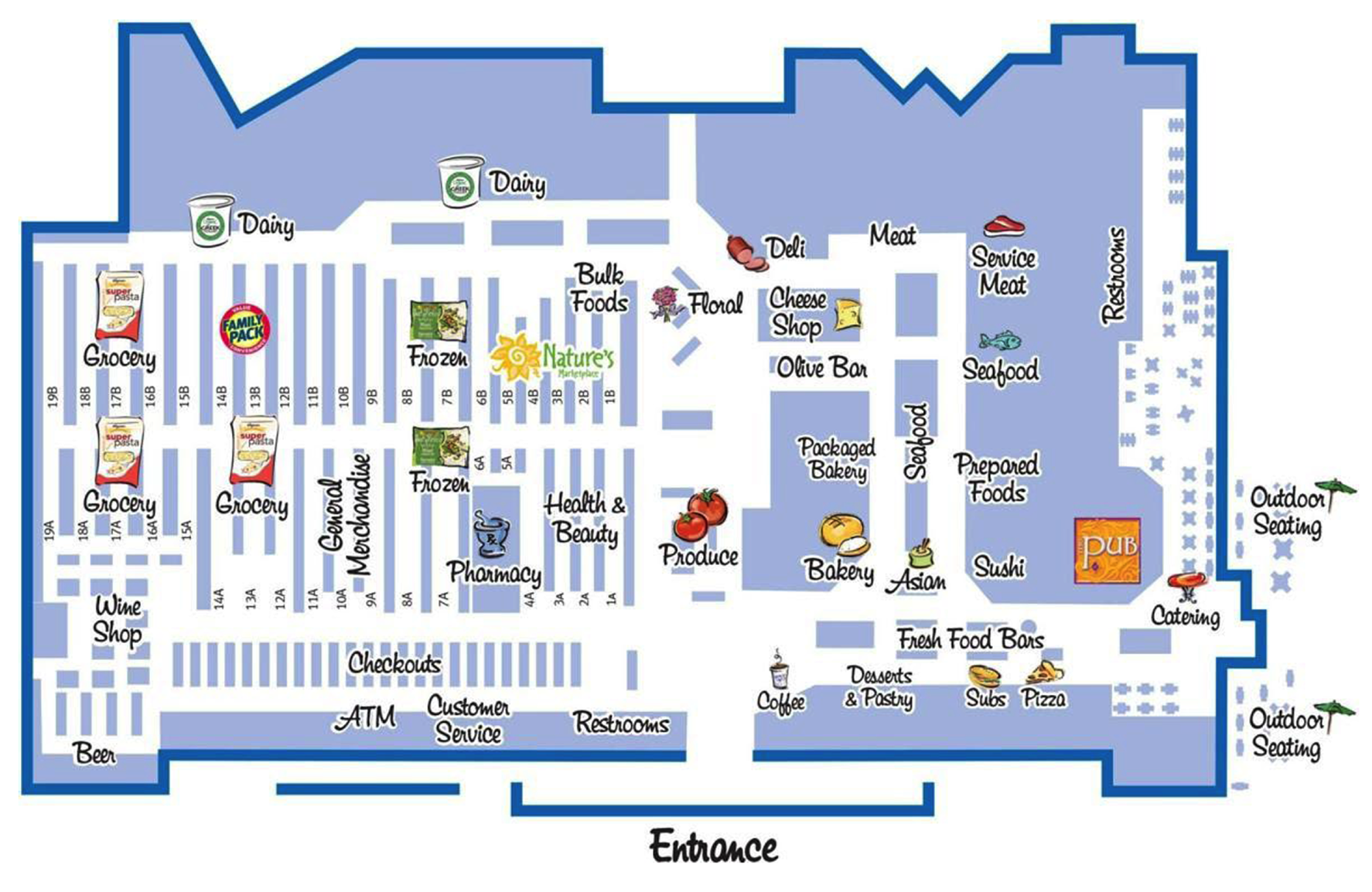  Illustrated floor map of Wegmans in Roanoke, VA. The store layout divides into two main zones: the right side features high-end, experience-focused areas including the Pub, catering, coffee, desserts and pastry, subs, pizza, sushi, prepared foods, fresh food bars, service meat, seafood, deli, cheese shop, and floral. Outdoor seating areas are located near the food court zone. The left side represents the price-sensitive, center store area, including wine shop, beer, general merchandise, grocery aisles (1A–19B), frozen, pharmacy, and health & beauty. Checkouts, ATM, customer service, and restrooms are along the bottom wall near the entrance. Dairy sections are positioned across the back wall. The layout clearly separates immersive food experiences from traditional grocery sections.