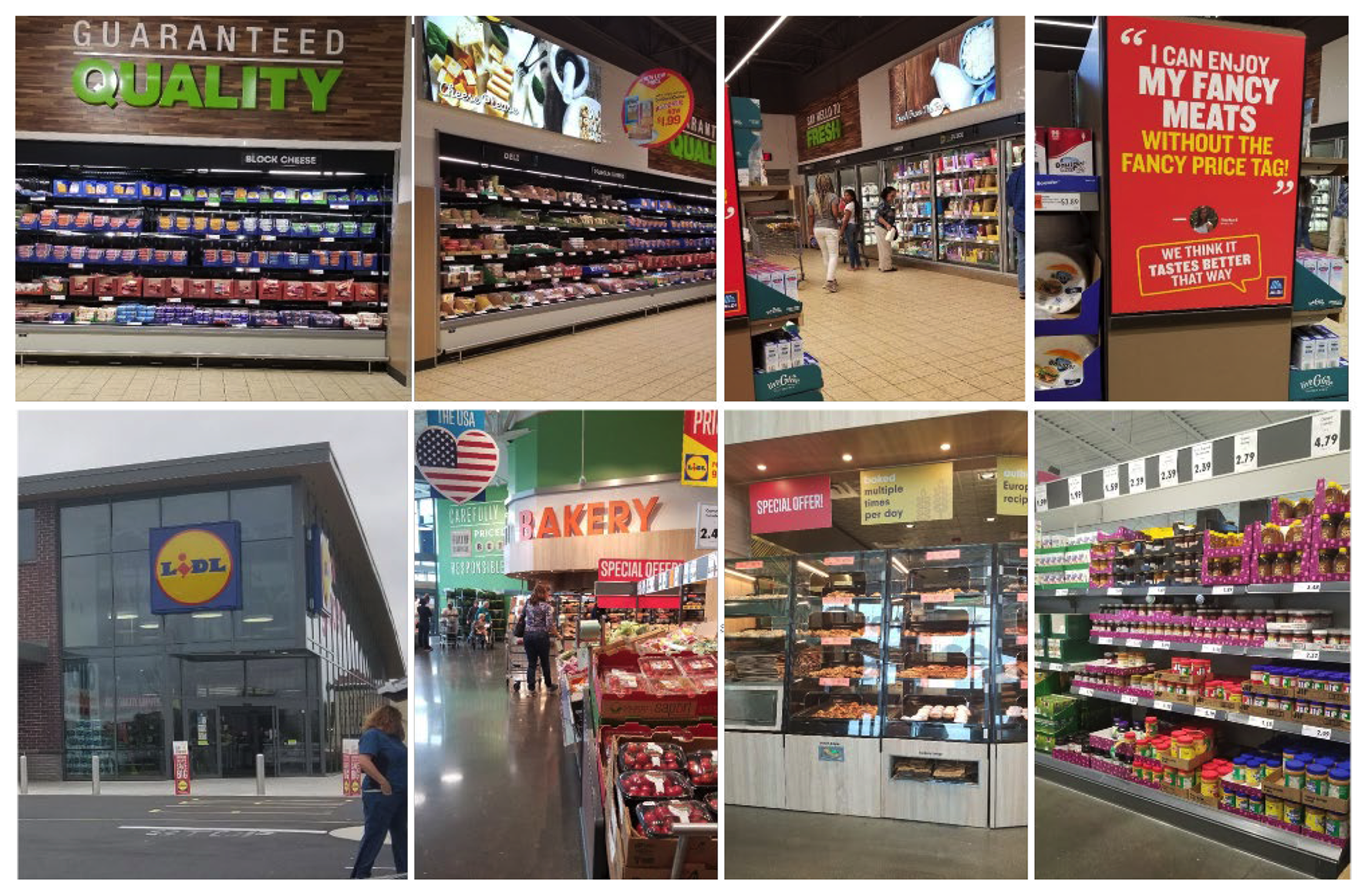 Collage of eight photos showing interior and exterior scenes from Lidl and Aldi stores. Top row features Aldi: a cheese section under a “GUARANTEED QUALITY” sign, a deli section, shoppers browsing refrigerated items, and a sign promoting affordable meats reading “I can enjoy my fancy meats without the fancy price tag!” Bottom row features Lidl: the store exterior with the Lidl logo, an interior produce and bakery section under signage including “BAKERY” and “SPECIAL OFFER!”, a baked goods display with signs reading “baked multiple times per day,” and a grocery aisle with shelves of packaged goods and clearly labeled prices.