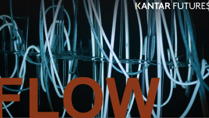 The word "FLOW" over a background of looping wires or fiber optic cables.