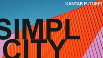 The word "SIMPLICITY" over a clean, geometric background with a bright blue sky and diagonally intersecting red and lavender panels.