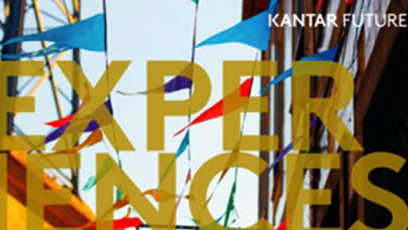 The word "EXPERIENCES" over a festive street scene with colorful pennant flags strung between buildings.