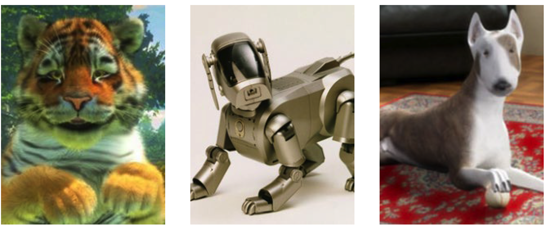  Three-panel image showing different virtual, robotic, and augmented pets. Left: a digitally animated virtual tiger pet from the game Kinectimals. Center: a Sony four-legged entertainment robot. Right: an animated dog seen in a real-life living room through augmented reality.