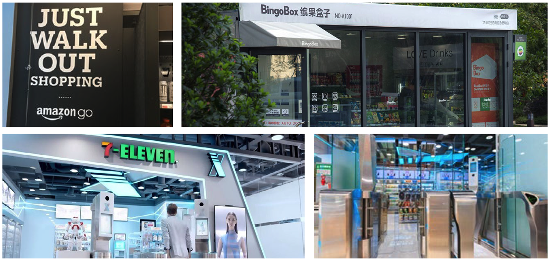 Four-panel image showing cashier-less stores, as described above.