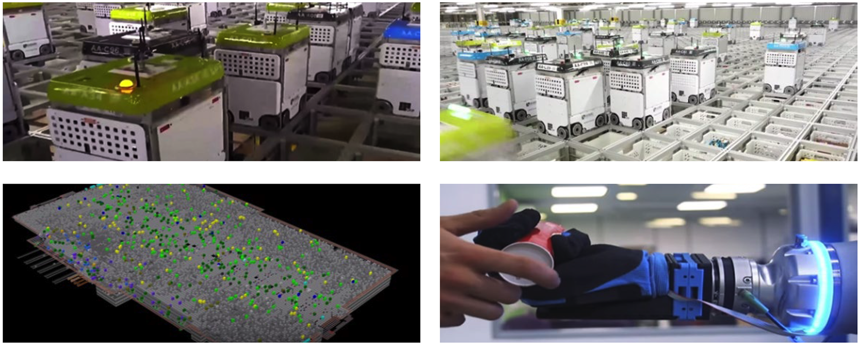 Four images showing advanced automation in Ocado’s distribution center. Top-left and top-right: multiple cube-shaped robots with wheels move along a grid system above stacked bins to retrieve items. Bottom-left: digital simulation of the grid layout with color-coded data points representing robot movement or inventory mapping. Bottom-right: robotic arm using a soft gripper to pick up an item.