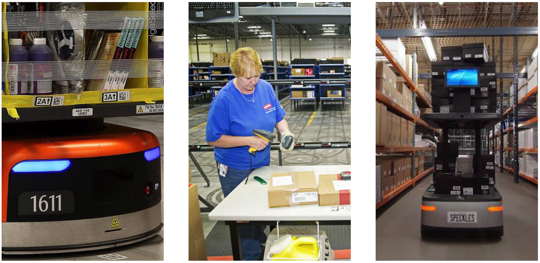 Three images depicting Amazon’s Kiva robotics warehouse system. Left: close-up of a Kiva robot transporting a bin filled with items. Center: warehouse employee using a handheld scanner to process packages at a workstation, with Kiva shelving pods in the background. Right: a Kiva robot labeled “SPECKLES” autonomously navigating warehouse aisles, carrying a tall shelving unit stacked with boxes.