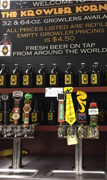 "Krowler Korner" beer growlers in Kroger supermarket