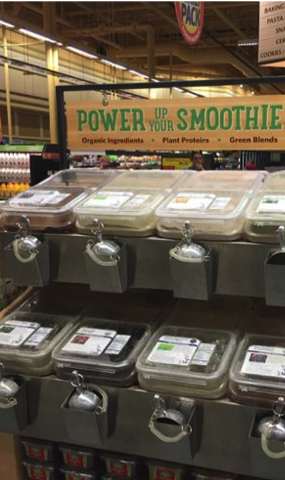 “Power up your smoothie” protein shake bulk display at Wegman's food market