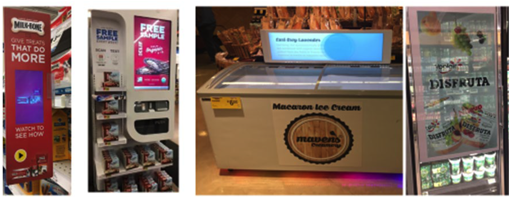 Four examples of in-store digital touch screens. From left to right: 1) A vertical red Milk-Bone display with a built-in screen playing promotional content. 2) A sample vending station with a touchscreen interface offering free samples and product information. 3) A freezer case labeled “Macaron Ice Cream” with a digital screen on top displaying flavor descriptions and details. 4) A transparent LED screen on a refrigerated door showing dynamic promotional media for fruit yogurt brand Disfruta, with products visible behind the display.