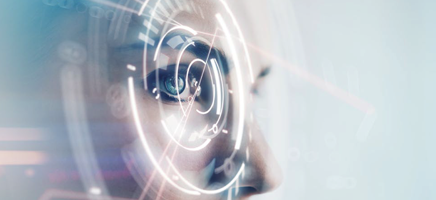 Futuristic close-up of a woman's eye with transparent digital interface overlays.