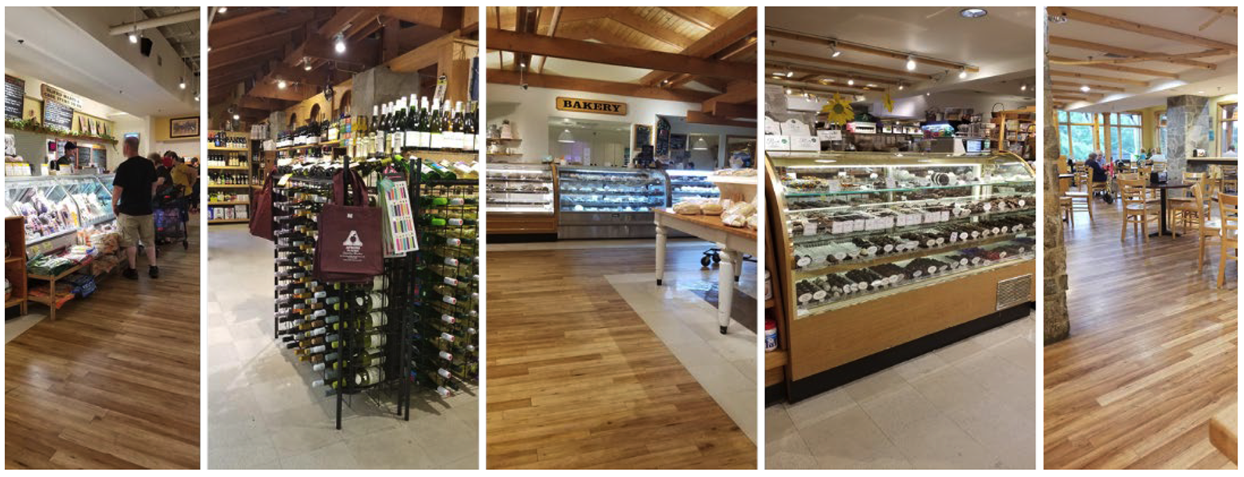 Five panel image showing various interior food displays inside Atkins store