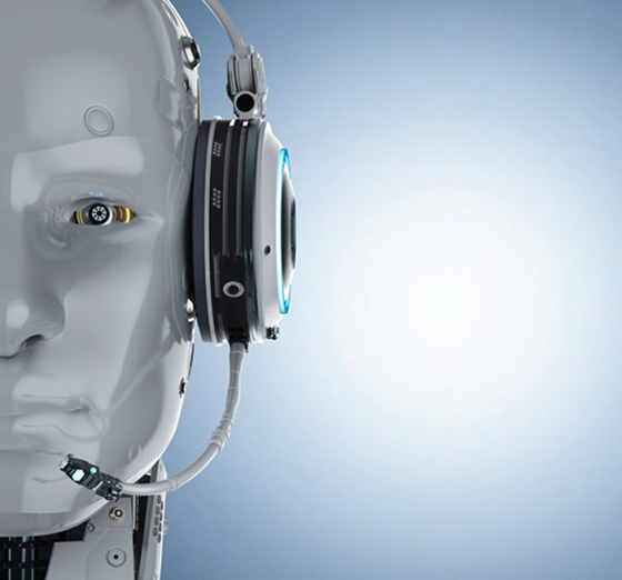 Face of a humanoid robot wearing a futuristic headset and microphone