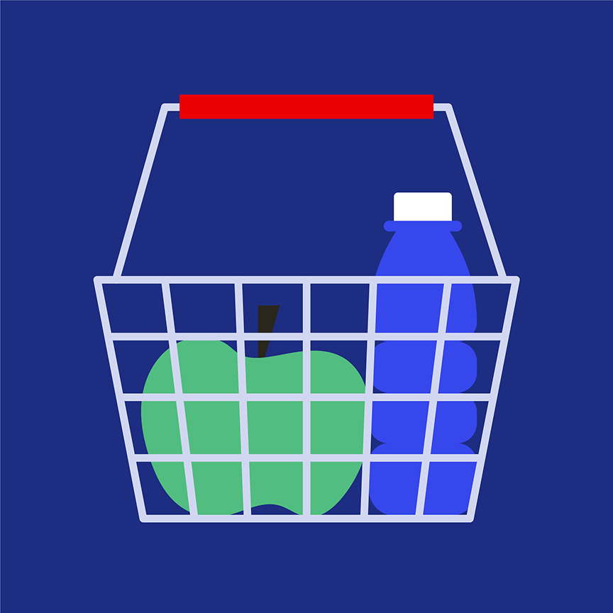 Illustration of a shopping basket containing a green apple and a blue bottle with a white cap.