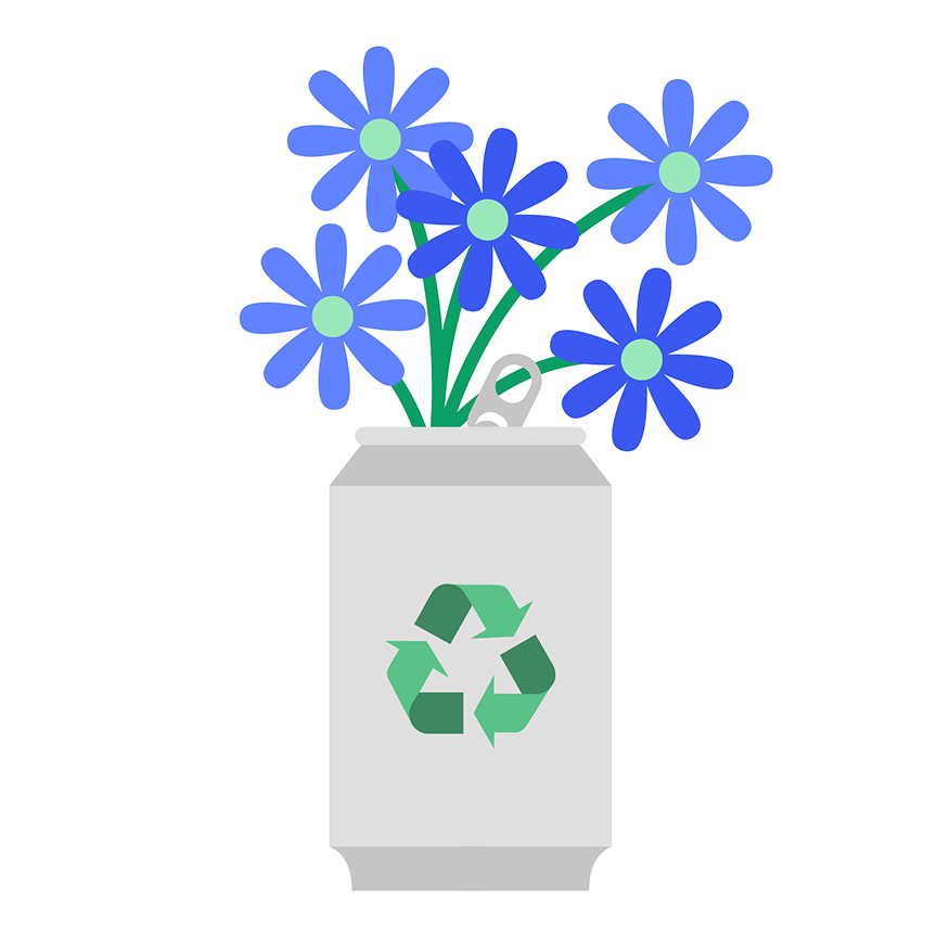 Illustration of flowers in an aluminum can with the recycling logo on it