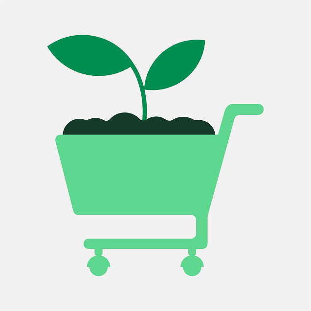 Illustration of a shopping cart filled with soil sprouting a plant